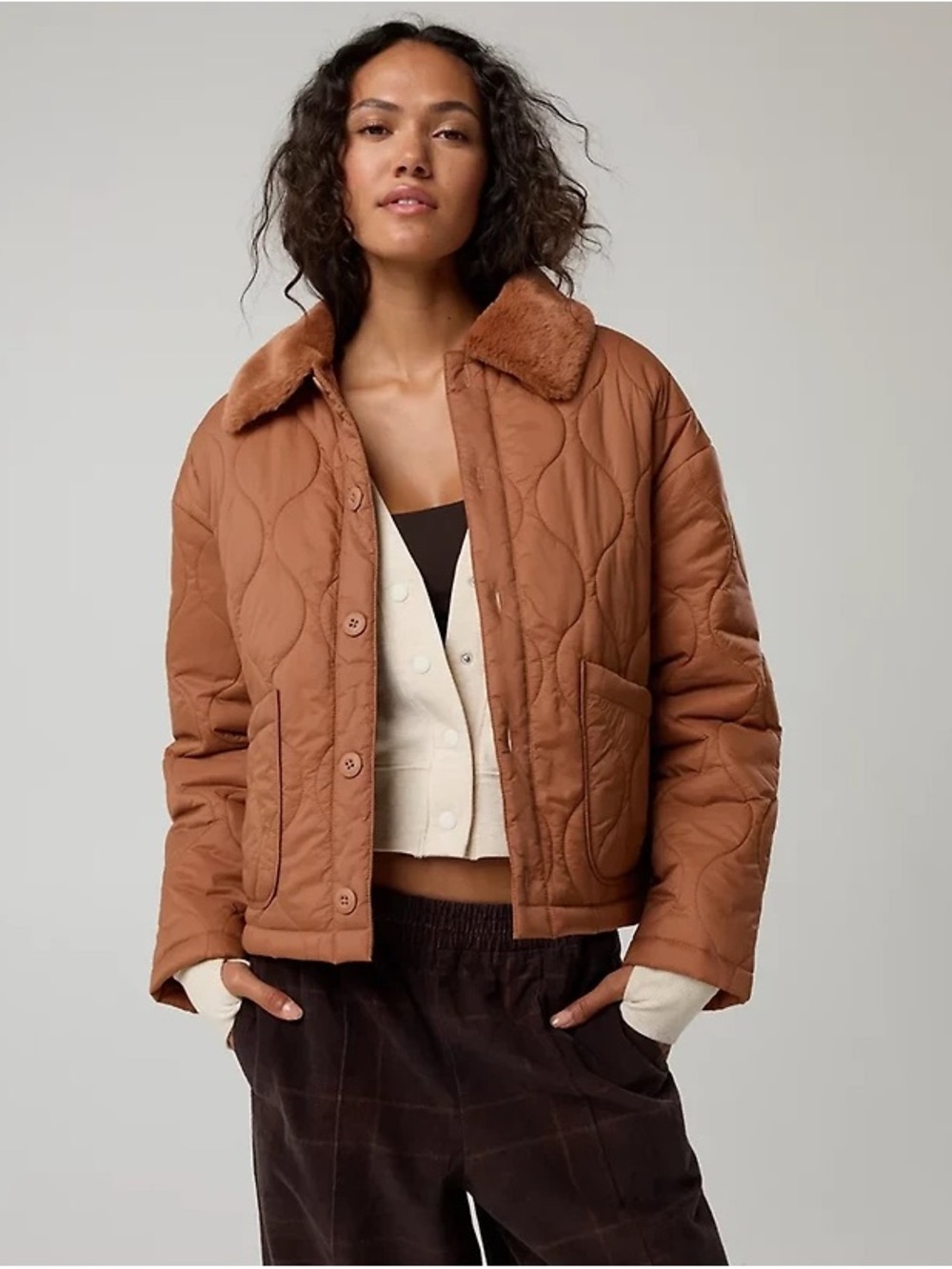 Sz S online by aerie real luxe Quilted Faux-Fur Collar Jacket in Rust - Picture 1 of 10